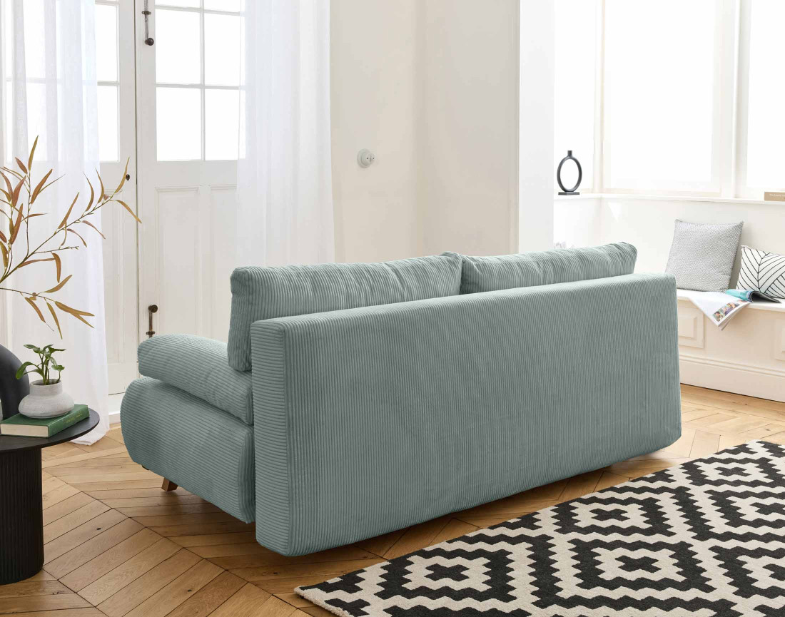 Canapé 3 places convertible avec coffre et grand pouf en velours côtelé Cristal