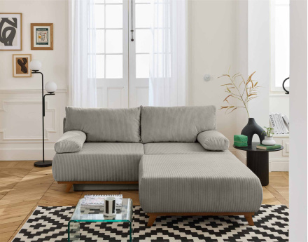 Canapé 3 places convertible avec coffre et grand pouf en velours côtelé Cristal