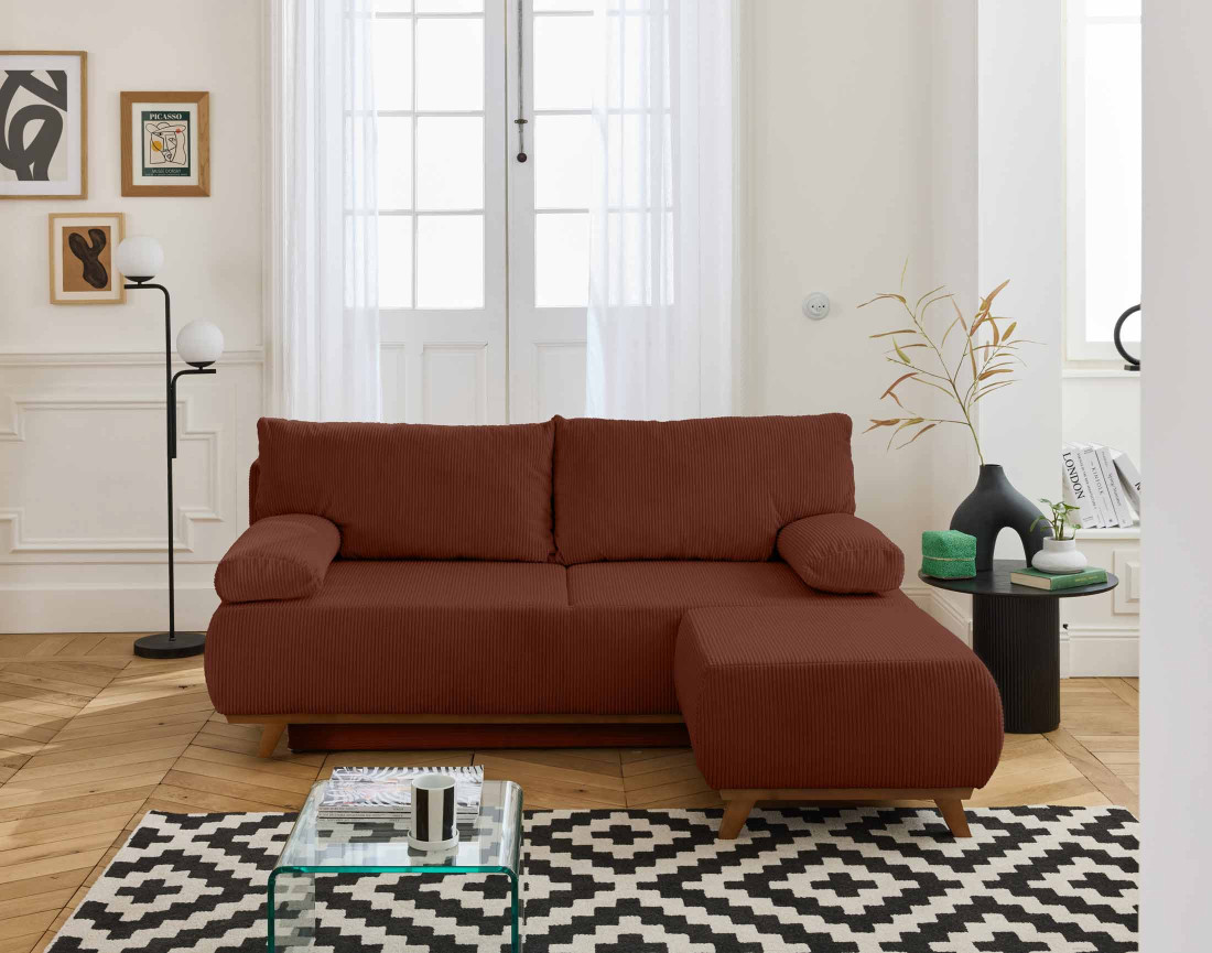 Canapé 3 places convertible avec coffre et pouf en velours côtelé Cristal