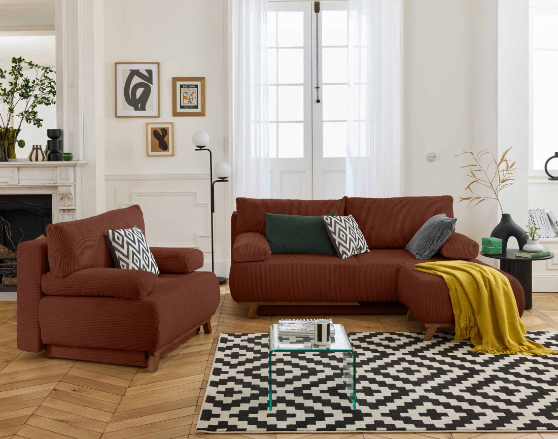 Canapé 3 places convertible avec coffre et pouf en velours côtelé Cristal