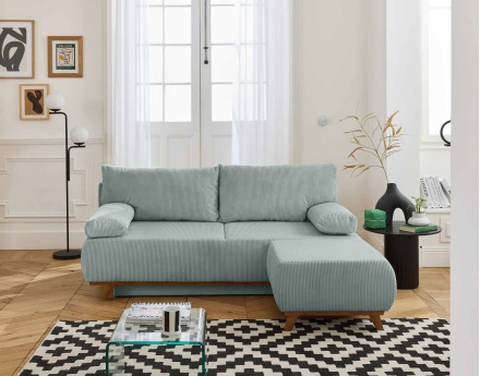 Canapé 3 places convertible avec coffre et pouf en velours côtelé Cristal