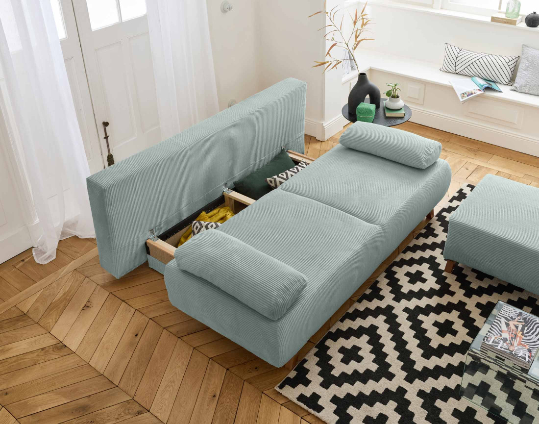 Canapé 3 places convertible avec coffre et pouf en velours côtelé Cristal