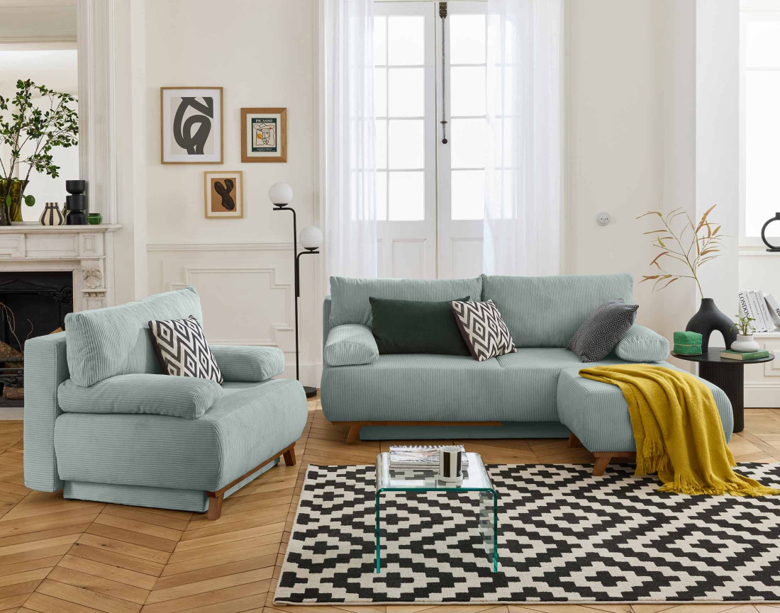 Canapé 3 places convertible avec coffre et pouf en velours côtelé Cristal