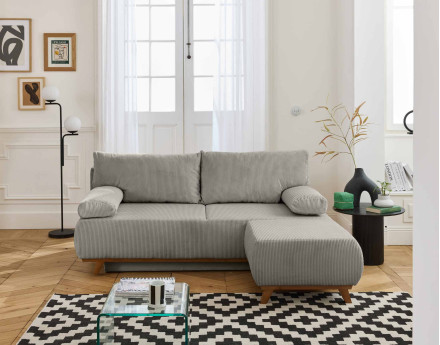 Canapé 3 places convertible avec coffre et pouf en velours côtelé Cristal