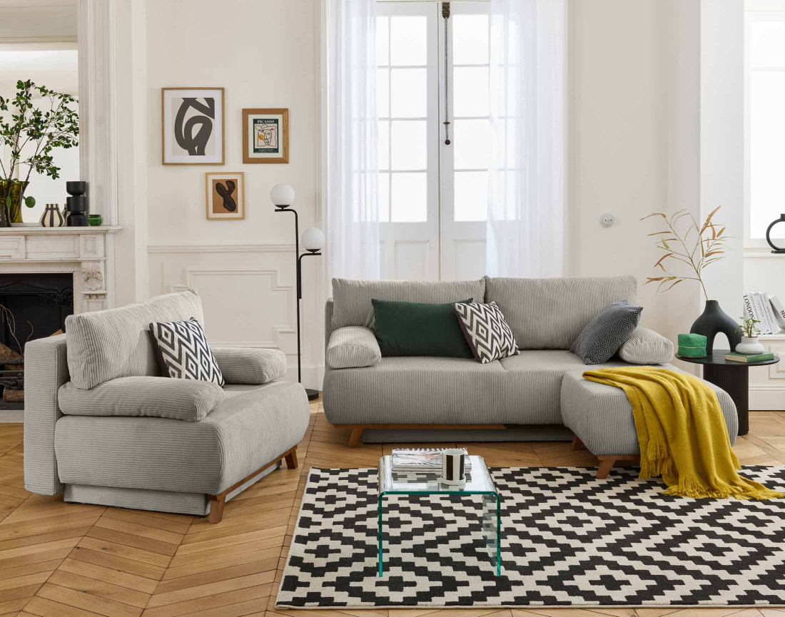 Canapé 3 places convertible avec coffre et pouf en velours côtelé Cristal