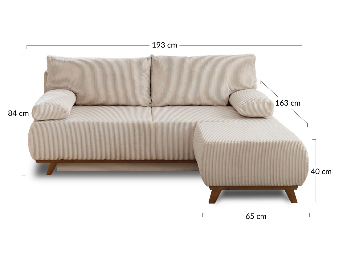 Canapé 3 places convertible avec coffre et pouf en velours côtelé Cristal