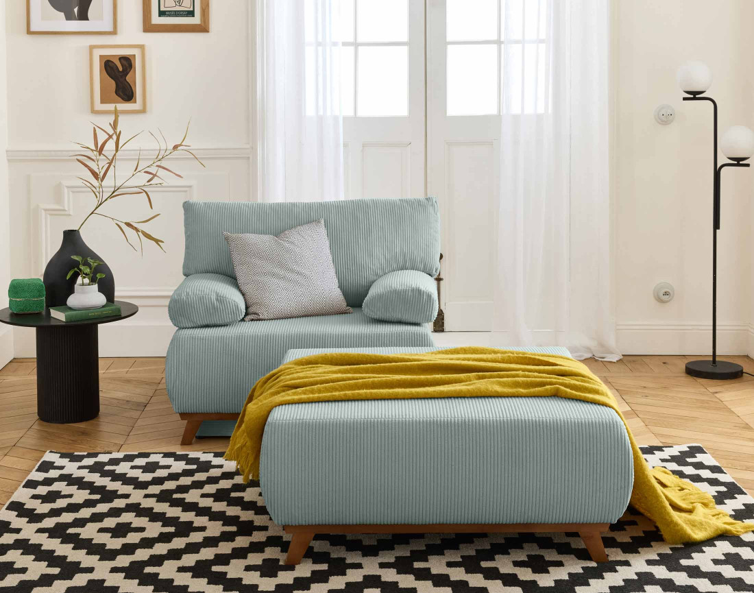 Fauteuil convertible avec coffre et grand pouf en velours côtelé Cristal