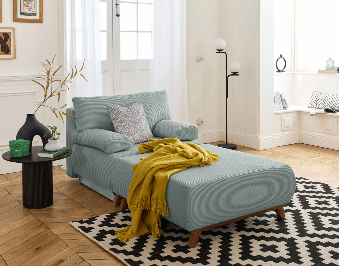 Fauteuil convertible avec coffre et grand pouf en velours côtelé Cristal