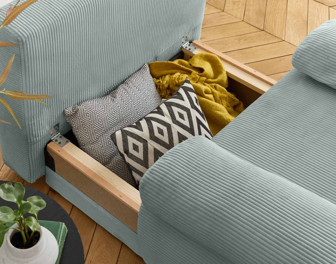 Fauteuil convertible avec coffre et grand pouf en velours côtelé Cristal