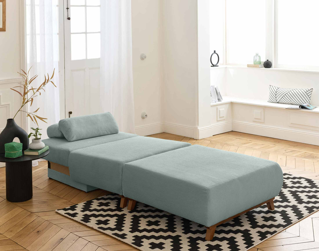 Fauteuil convertible avec coffre et grand pouf en velours côtelé Cristal