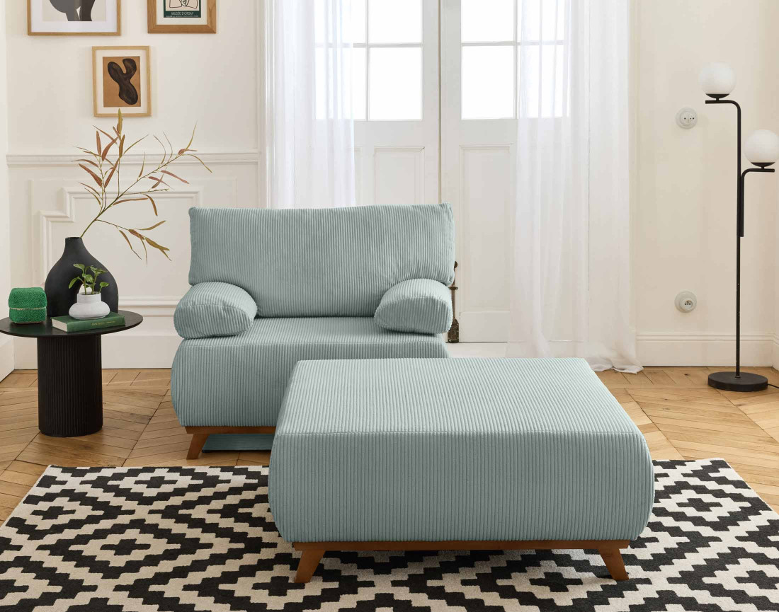 Fauteuil convertible avec coffre et grand pouf en velours côtelé Cristal