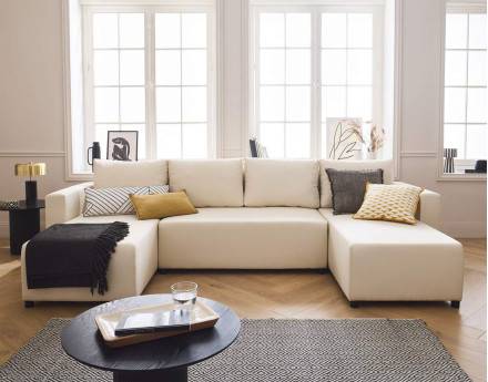 Canapé panoramique 7 places convertible avec coffre en tissu Regala