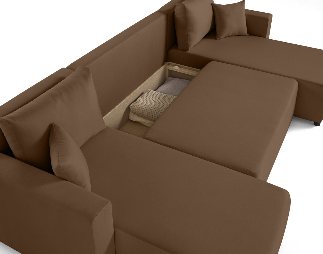 Canapé panoramique 7 places convertible avec coffre en tissu Regala