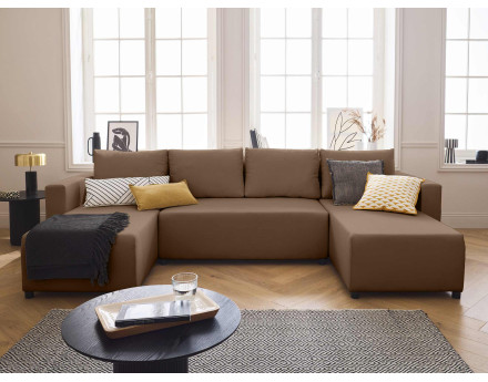 Canapé panoramique 7 places convertible avec coffre en tissu Regala