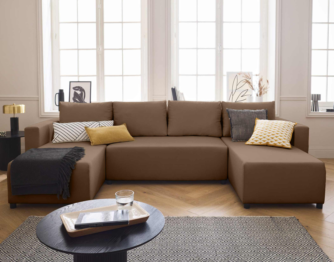 Canapé panoramique 7 places convertible avec coffre en tissu Regala