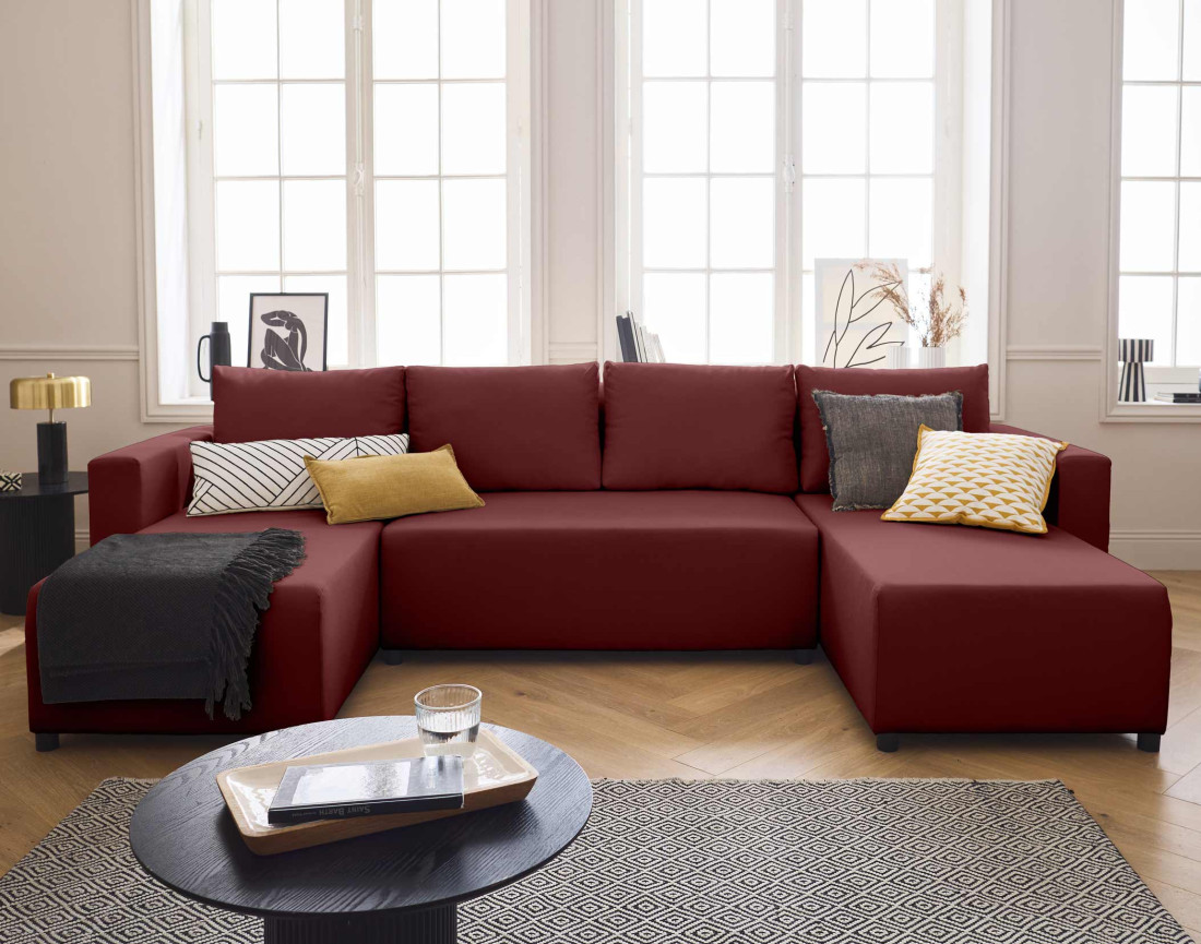 Canapé panoramique 7 places convertible avec coffre en tissu Regala