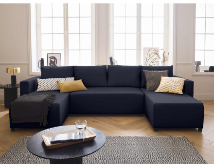 Canapé panoramique 7 places convertible avec coffre en tissu Regala