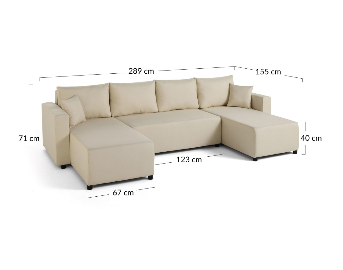 Canapé panoramique 7 places convertible avec coffre en tissu Regala