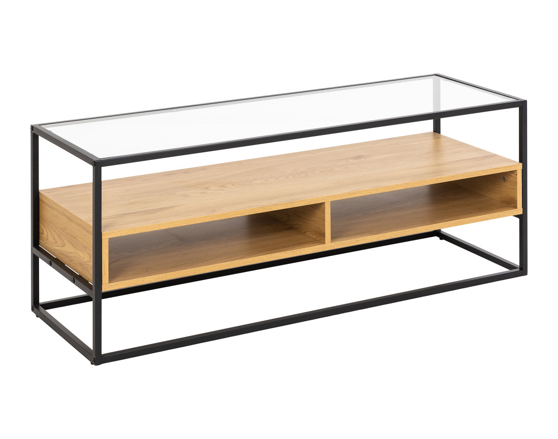 Meuble TV en bois, verre et métal noir 2 niches 120 cm Parker