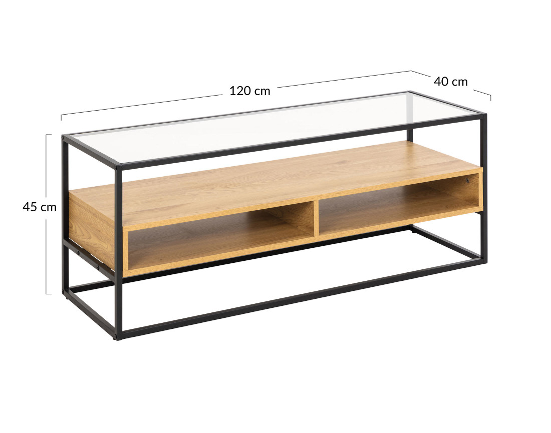 Meuble TV en bois, verre et métal noir 2 niches 120 cm Parker