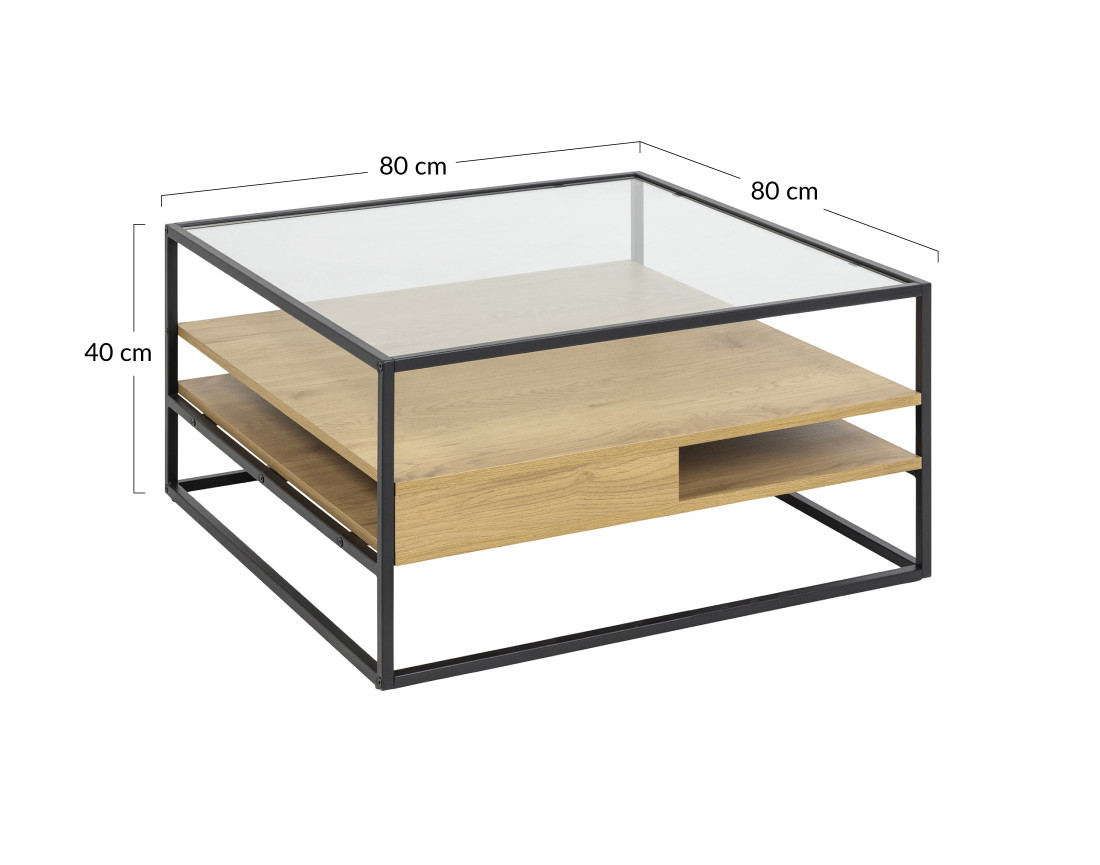 Table basse en bois, verre et métal noir 80 cm Parker