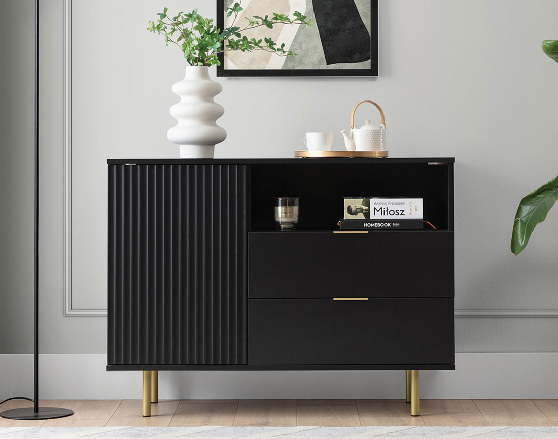 Buffet noir 2 tiroirs, 1 porte et 1 niche 107cm Monica