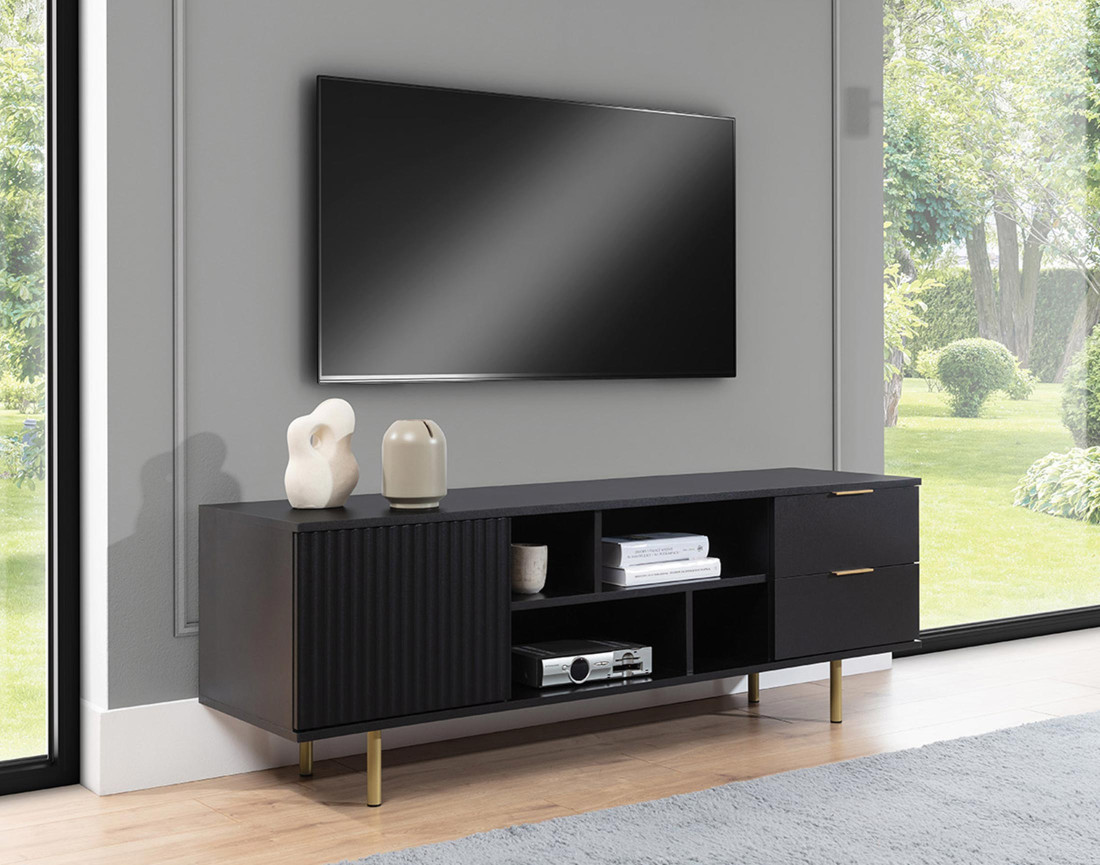 Meuble TV noir 4 niches et 2 portes 150cm Monica