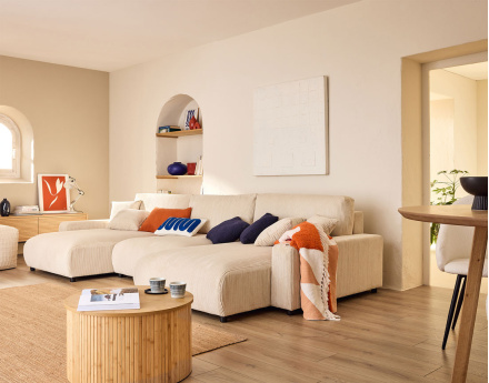 Canapé panoramique en U 7 places convertible avec coffre en velours côtelé Pivoine