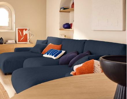 Canapé panoramique en U 7 places convertible avec coffre en velours côtelé Pivoine