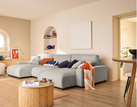 Canapé panoramique en U 7 places convertible avec coffre en velours côtelé Pivoine