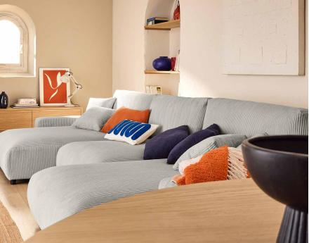 Canapé panoramique en U 7 places convertible avec coffre en velours côtelé Pivoine