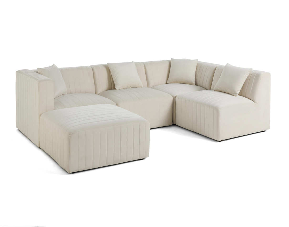 Canapé modulable d'angle droit 5 places avec pouf d'appoint en velours Nova