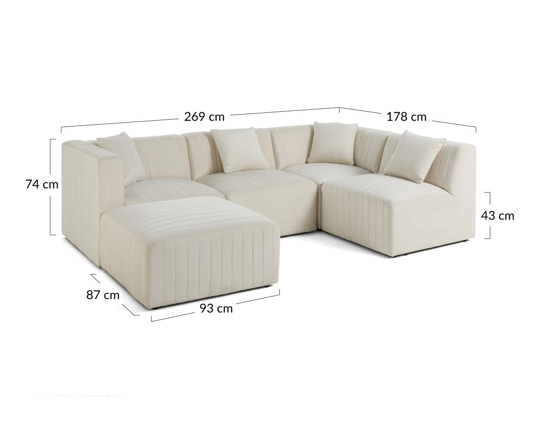 Canapé modulable d'angle droit 5 places avec pouf d'appoint en velours Nova