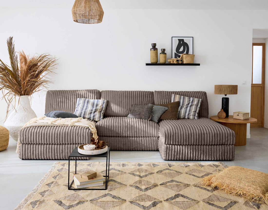 Canapé panoramique modulable en fausse fourrure côtelée