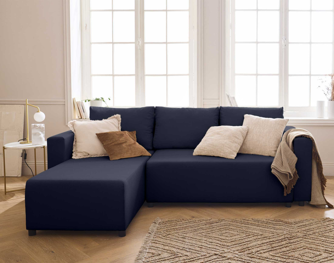 Canapé d'angle réversible 4 places convertible avec coffre en tissu Regala