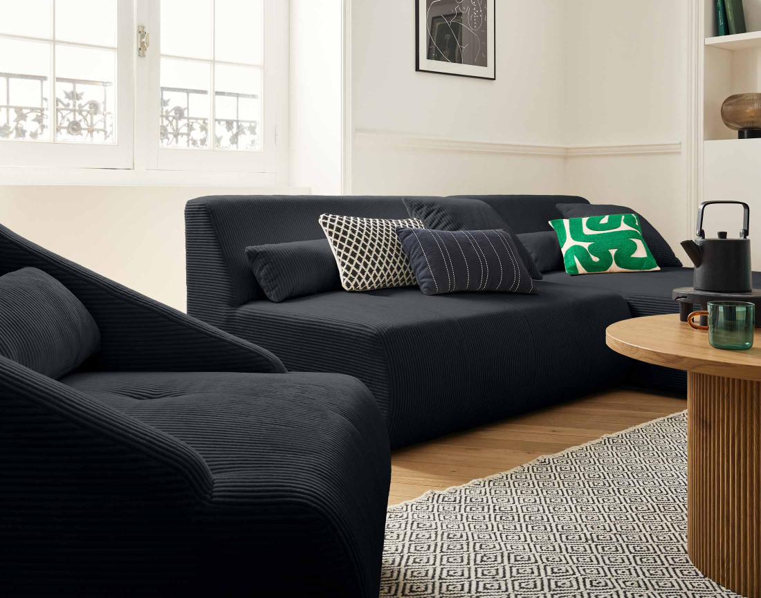 Canapé modulable d'angle réversible 4 places en velours côtelé Onyx