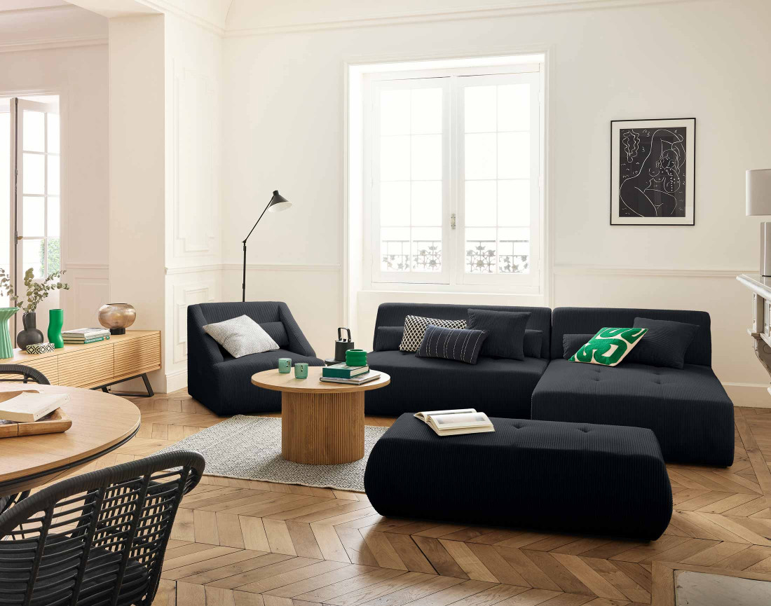 Canapé modulable d'angle réversible 4 places en velours côtelé Onyx