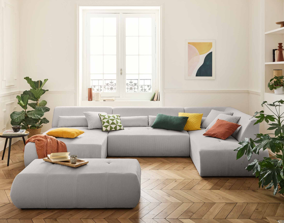 Canapé panoramique d'angle droit 7 places en velours côtelé Onyx