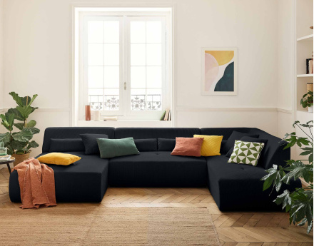 Canapé panoramique d'angle droit 7 places en velours côtelé Onyx