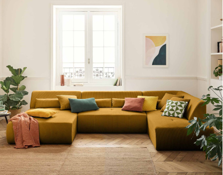 Canapé panoramique d'angle droit 7 places en velours côtelé Onyx