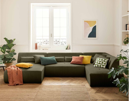 Canapé panoramique d'angle droit 7 places en velours côtelé Onyx