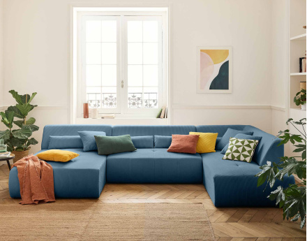 Canapé panoramique d'angle droit 7 places en velours côtelé Onyx