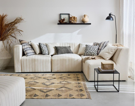 Canapé modulable d'angle droit 5 places avec pouf d'appoint en velours Nova