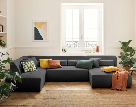 Canapé panoramique d'angle gauche 7 places en velours côtelé Onyx