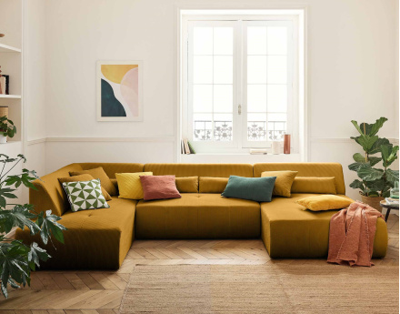 Canapé panoramique d'angle gauche 7 places en velours côtelé Onyx