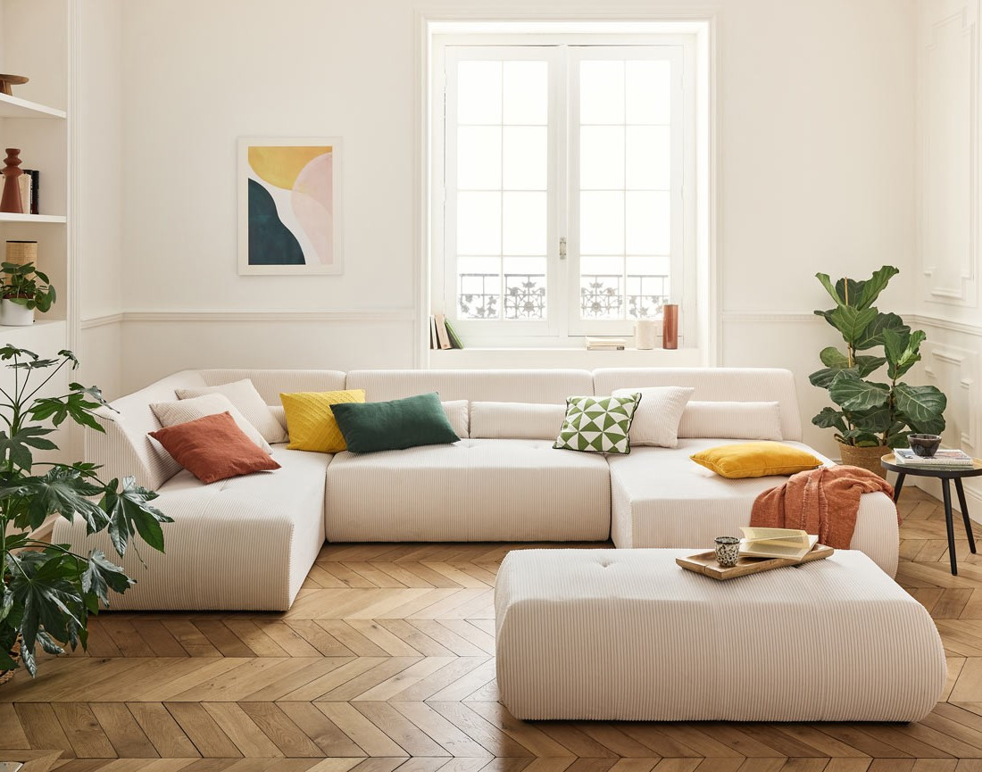 Canapé panoramique d'angle gauche 7 places en velours côtelé Onyx