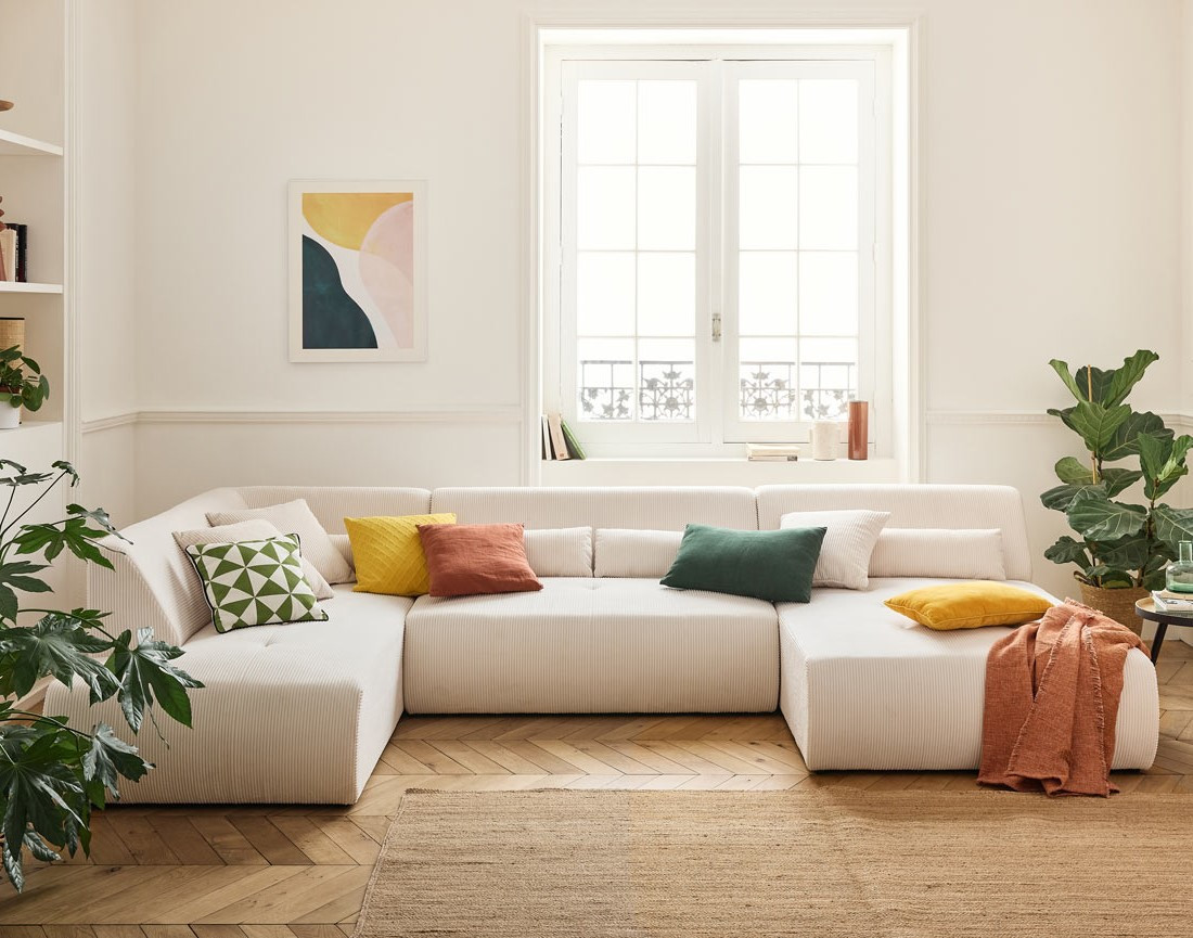 Canapé panoramique d'angle gauche 7 places en velours côtelé Onyx