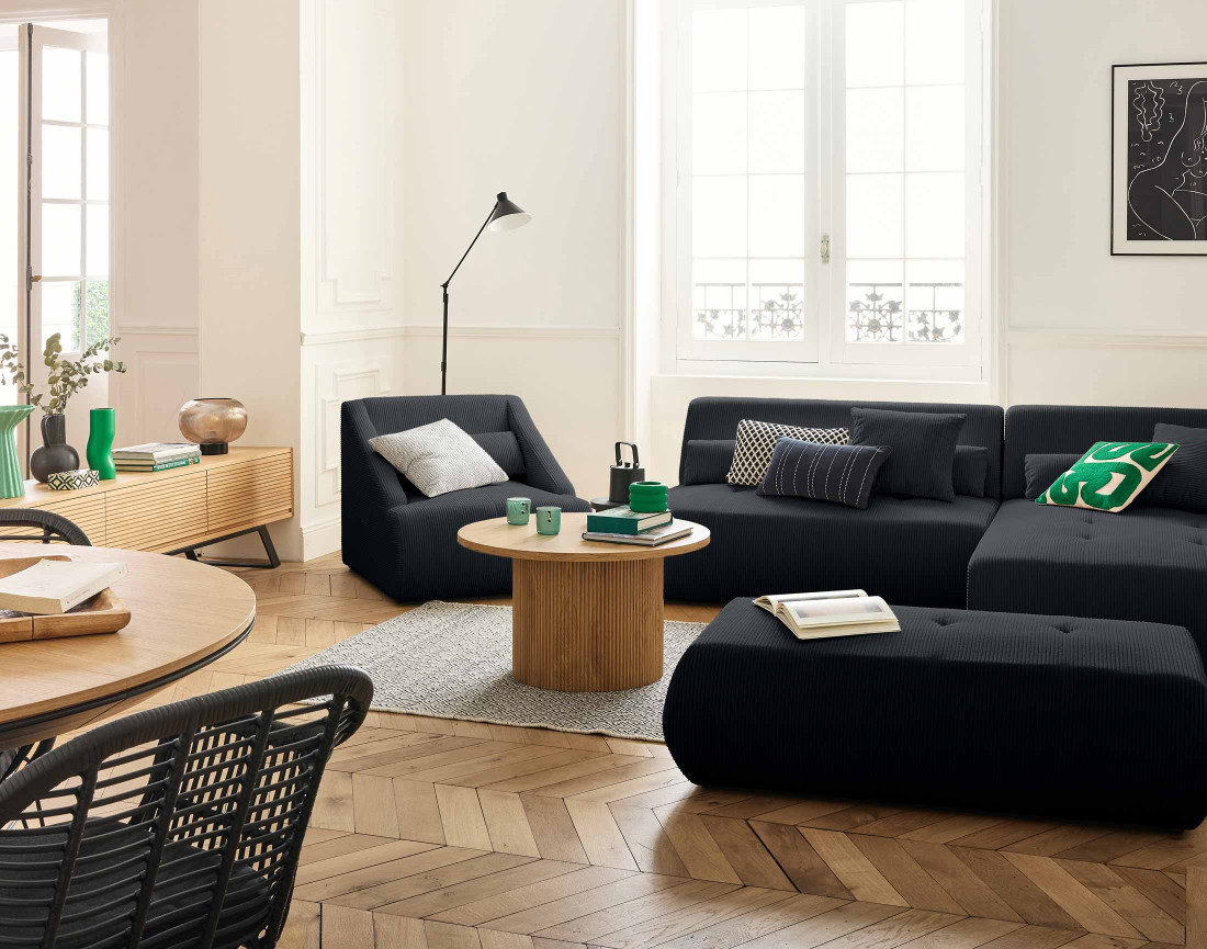 Canapé modulable d'angle droit 5 places en velours côtelé Onyx