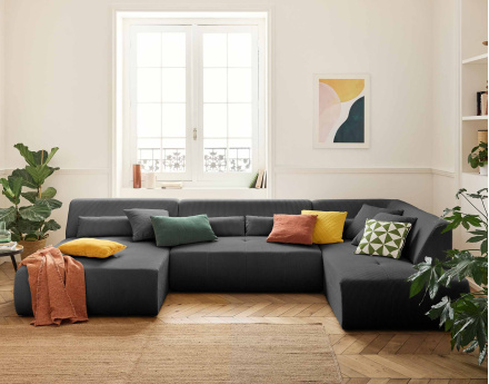 Canapé panoramique modulable d'angle droit 7 places en velours côtelé Onyx