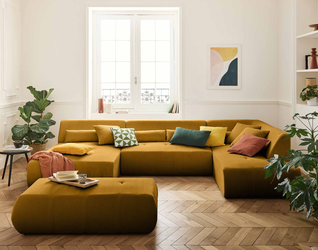 Canapé panoramique modulable d'angle droit 7 places en velours côtelé Onyx